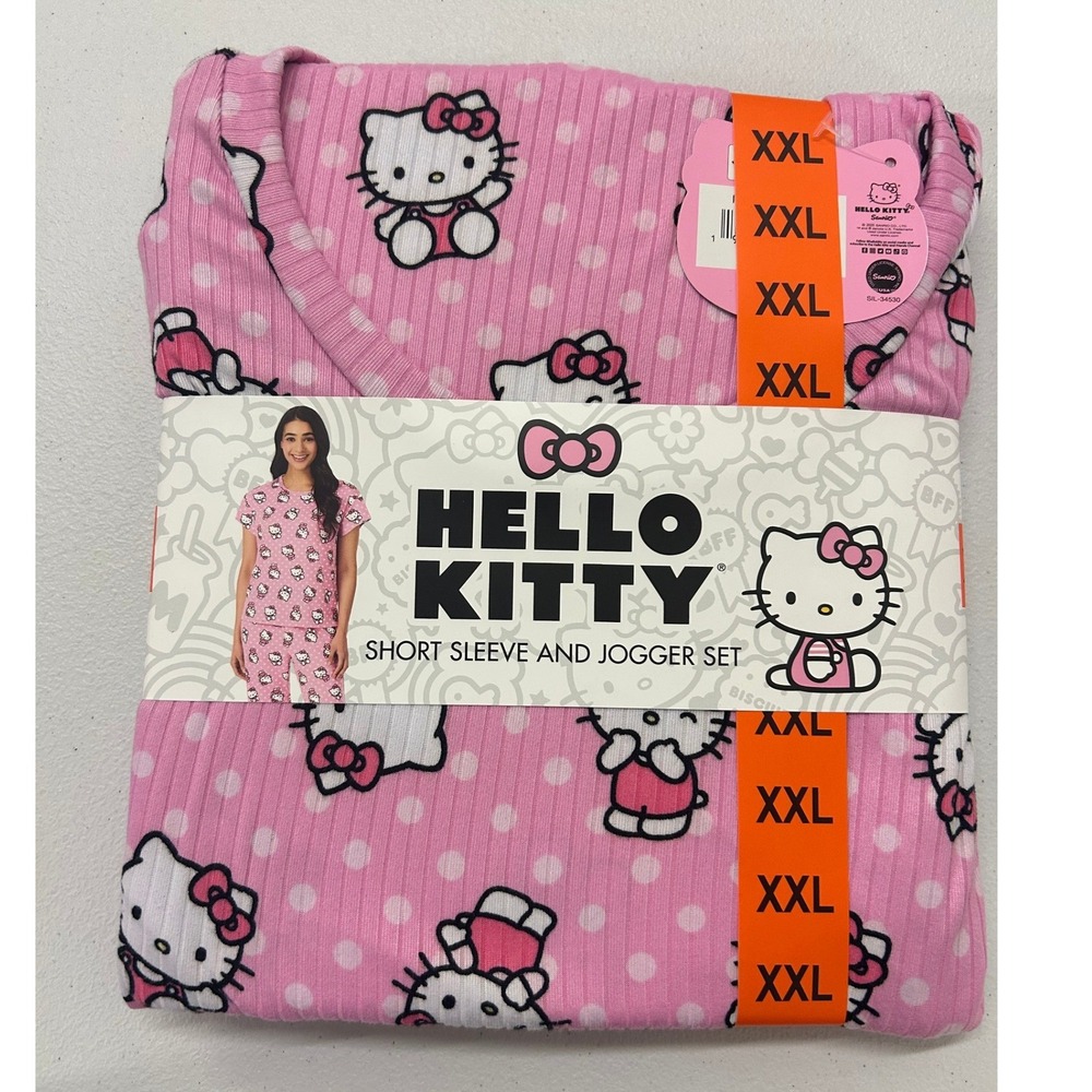 Hello Kitty Pink Polka Dot Ribbed Pajama Set Short Sleeve Joggers XXL New